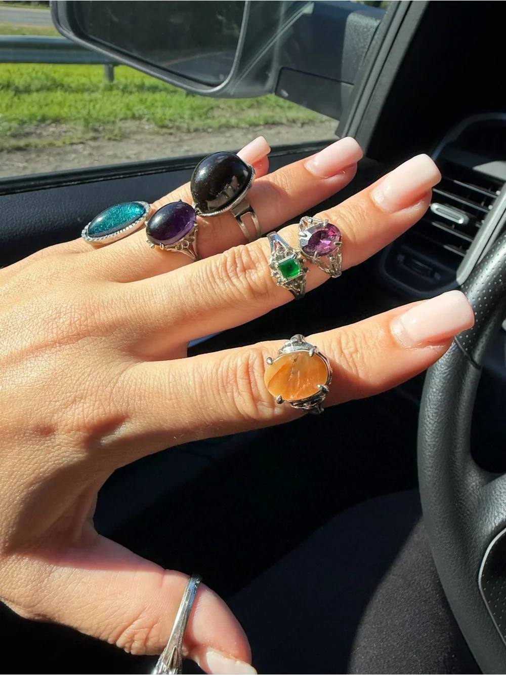 Silver Multi-Stone Women’s Ring Set - Turquoise, Amber, Green, Pink, Blue